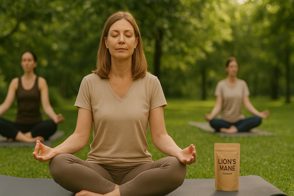 En kvinna gör yoga och känner lugnet från Lion's Mane