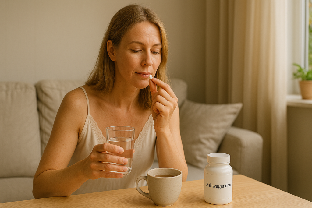 Kvinna tar ashwagandha i pillerformat